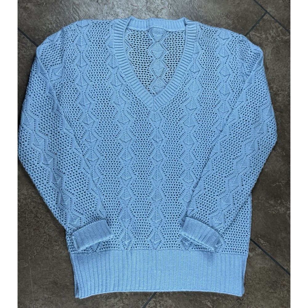 Vintage Hand Knitted Crochet Women's Baby‎ Blue V Neck Size Large